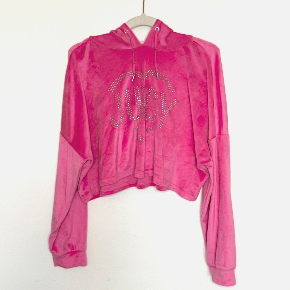 Juicy Couture Pink Womens Pullover Velour Cropped Hoodie Sleepwear Sweatshirt XL